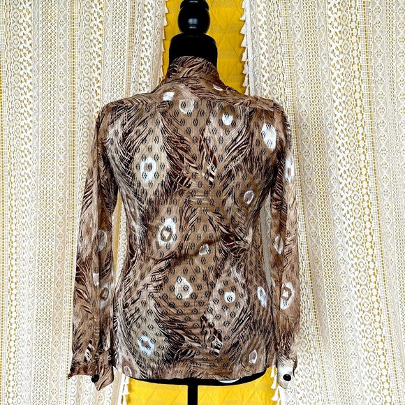 Vintage 70s Dart Collar Sheer Beige Peacock Feather Long Sleeve Blouse Size S - Picture 5 of 11